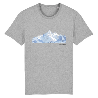 T-shirt unisexe Sortie Longue gris chiné, vue de face, impression Mont-Blanc low poly au centre, facettes géométriques et contraste neige/ombre, vêtement outdoor montagne avant ou après la sortie.