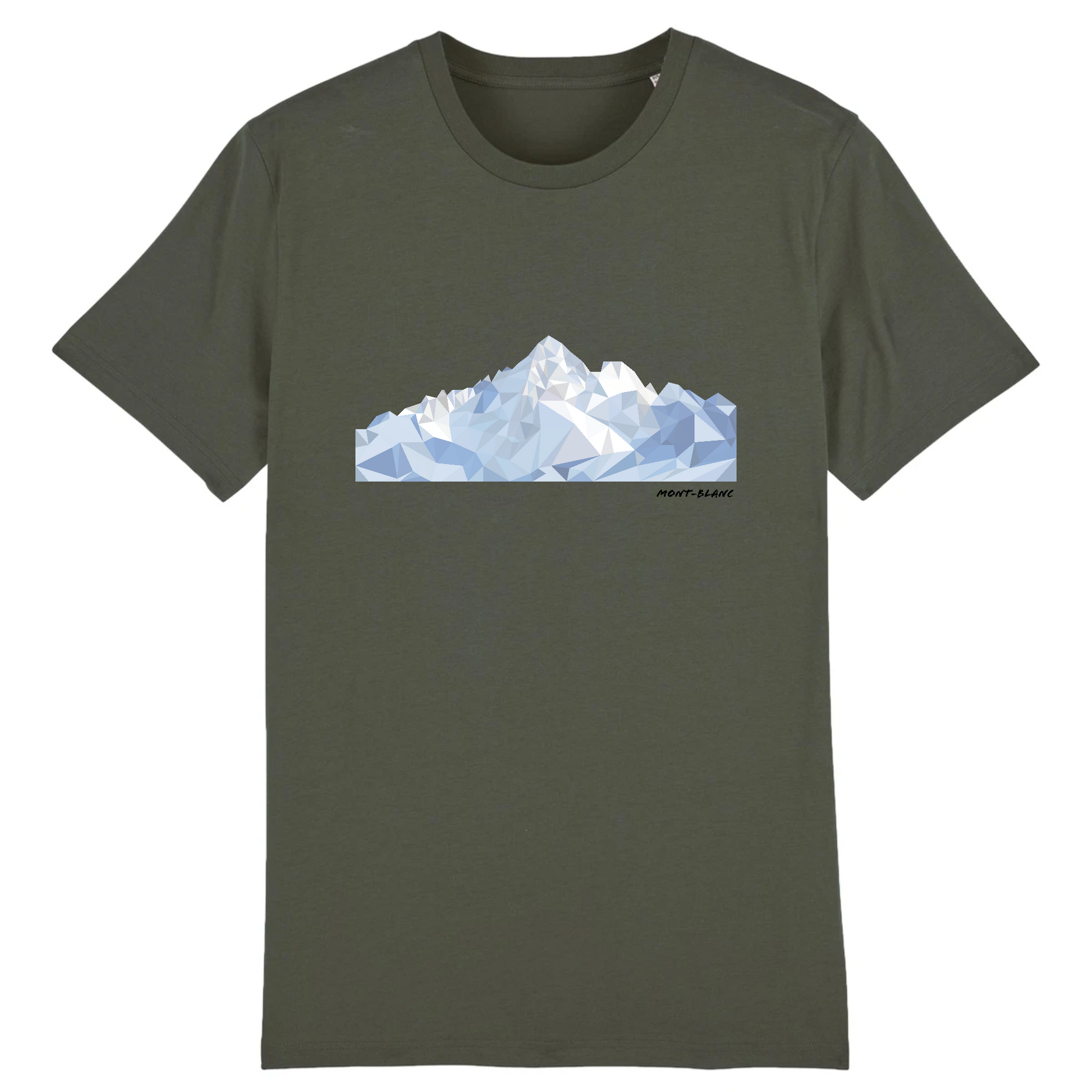 T-shirt unisexe Sortie Longue kaki, vue de face, motif Mont-Blanc low poly en facettes, relief et neige stylisés, t-shirt outdoor pour marche, sentier, et jours entre deux sorties.