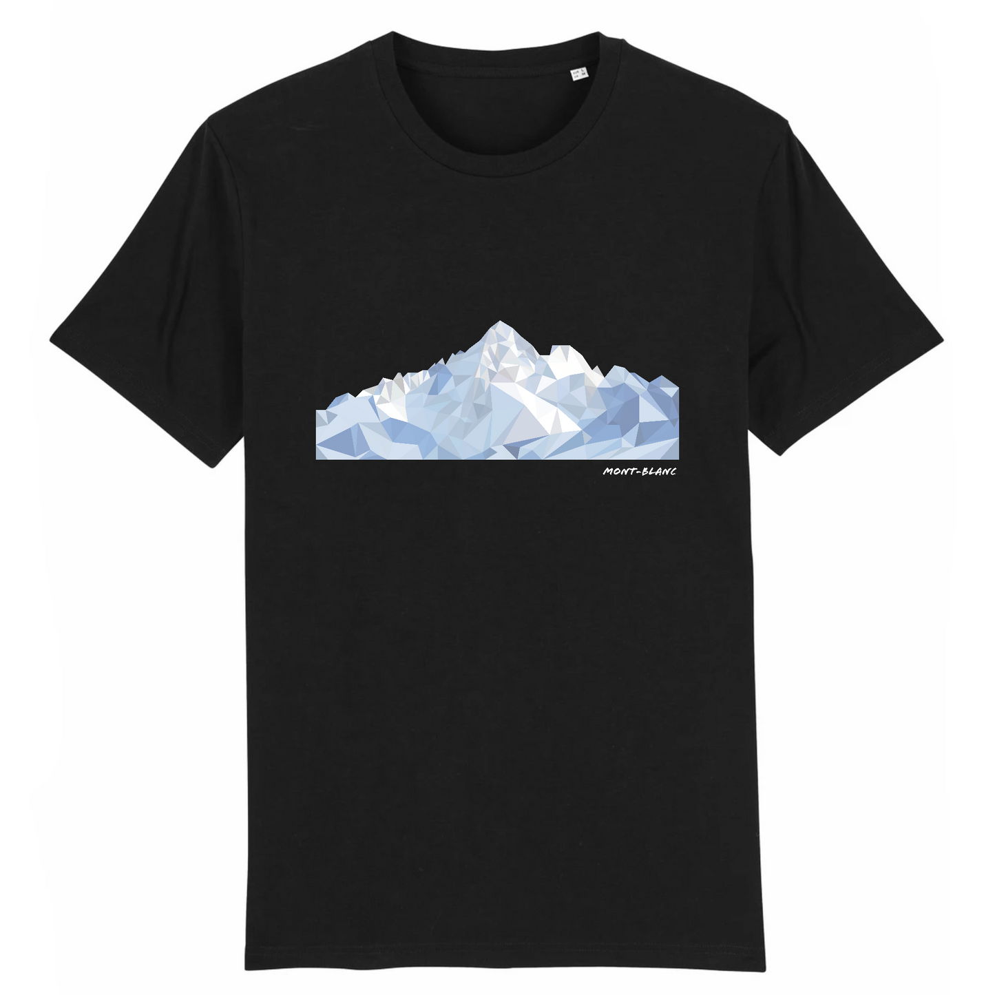 T-shirt unisexe Sortie Longue noir, vue de face, design Mont-Blanc low poly imprimé, silhouette du massif en polygones, tenue course nature, randonnée et après-sortie en montagne.