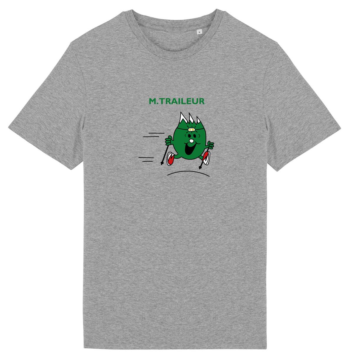 Vue de face t-shirt gris chiné, design Mr Traileur centré, personnage minimal en mouvement.