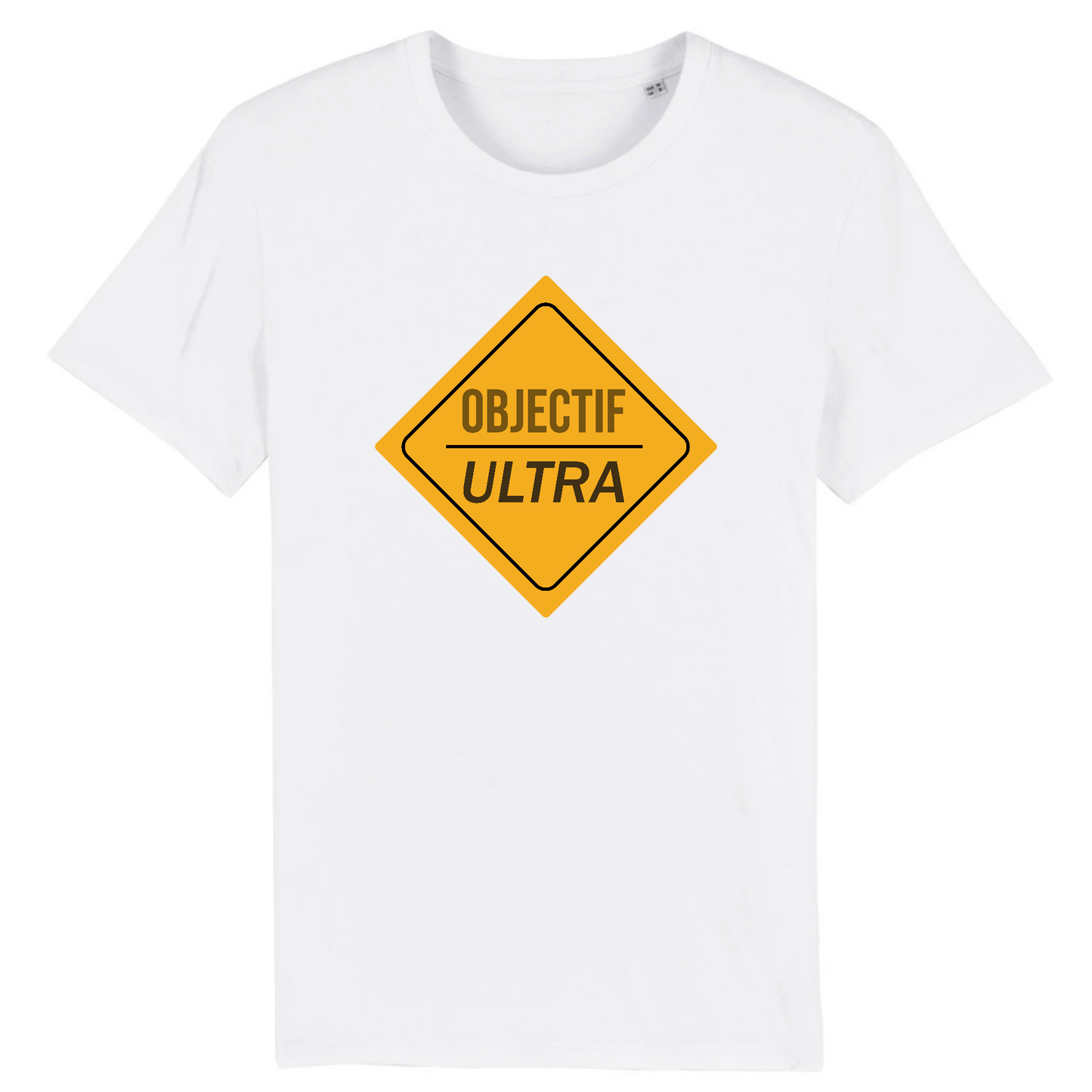 T-shirt unisexe Sortie Longue blanc, vue de face, impression « Objectif Ultra » dans un losange jaune, design balise/panneau, style sobre pour sentier et montagne.