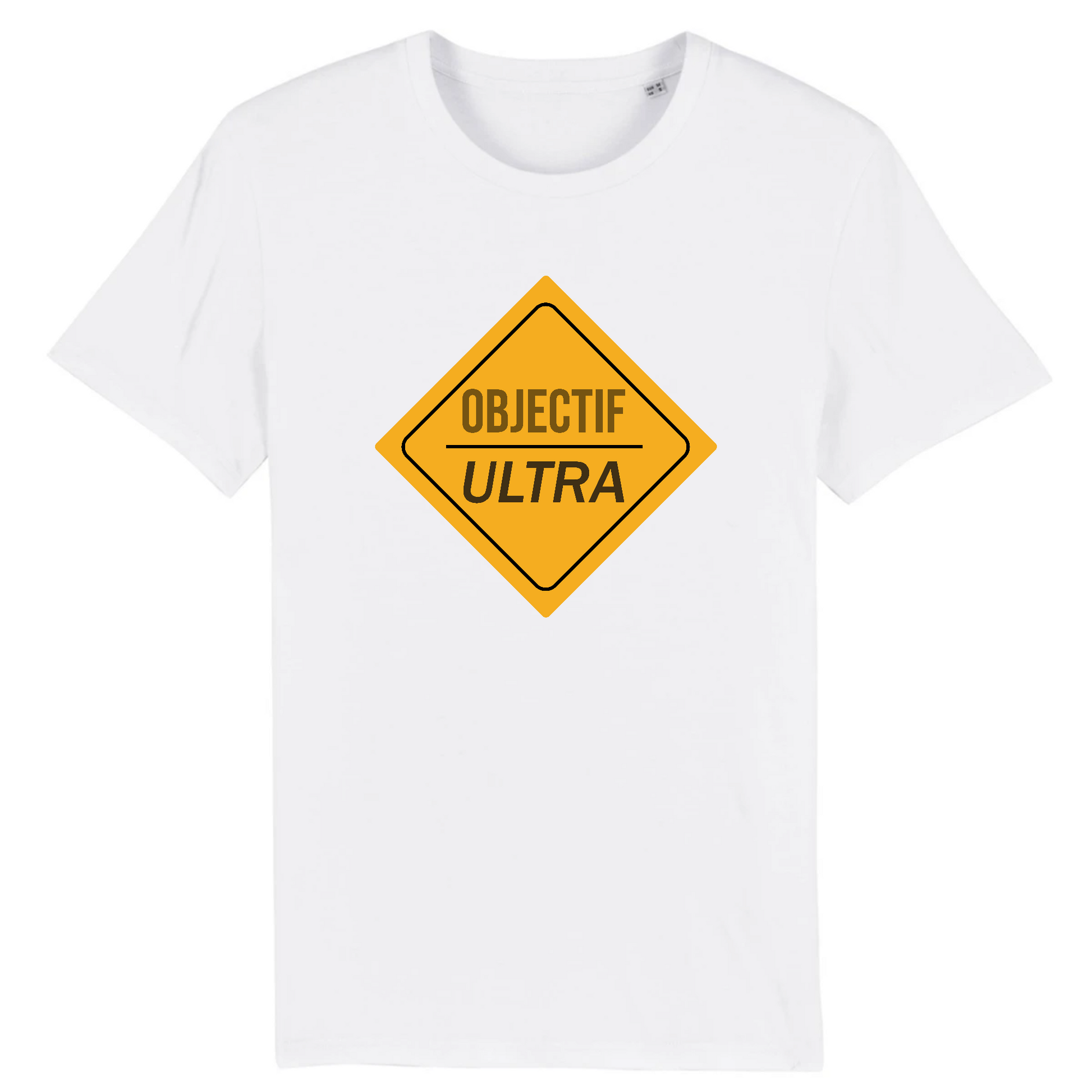 T-shirt unisexe Sortie Longue blanc, vue de face, impression « Objectif Ultra » dans un losange jaune, design balise/panneau, style sobre pour sentier et montagne.