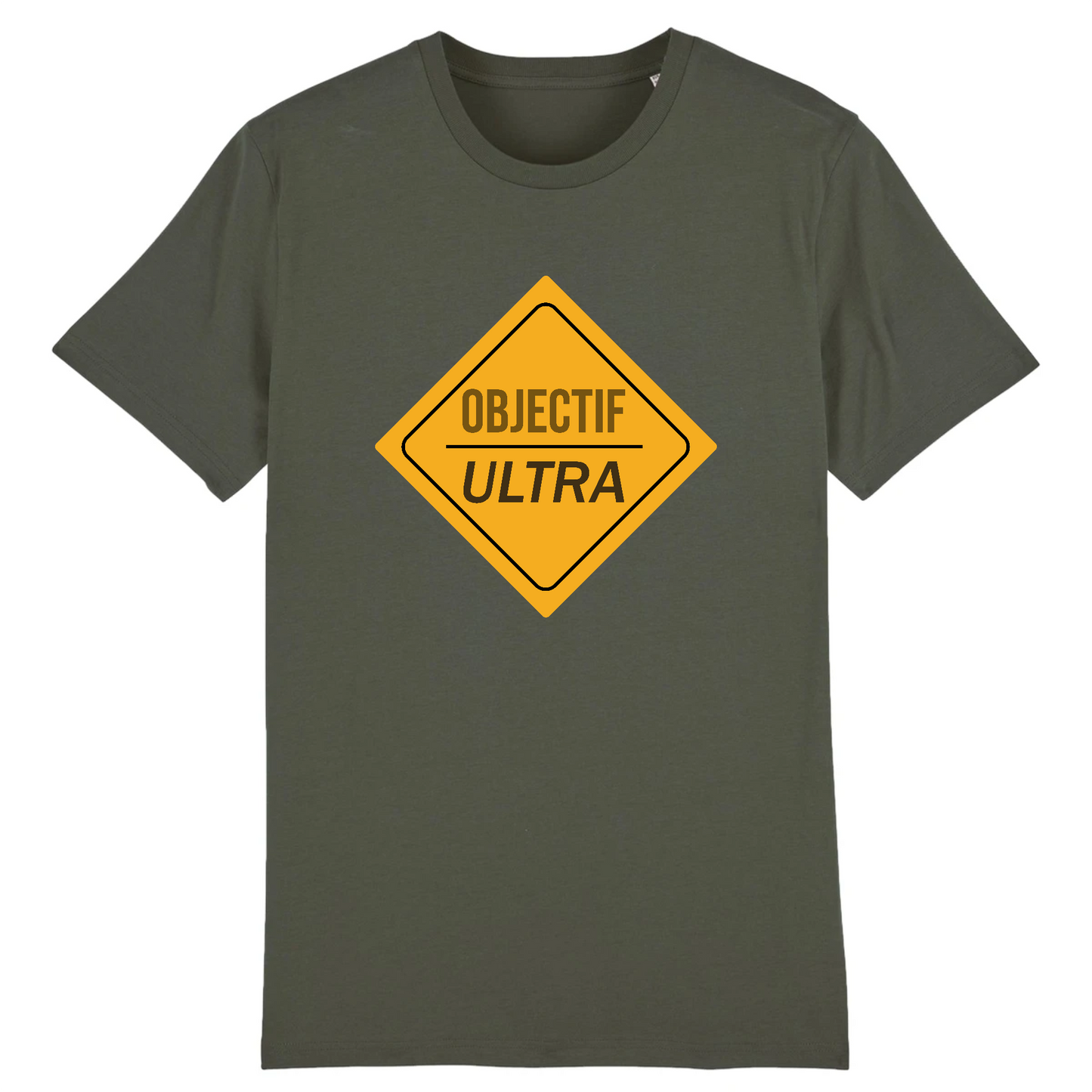 T-shirt unisexe Sortie Longue kaki, vue de face, design « Objectif Ultra » en losange jaune, référence balise de course; t-shirt outdoor pour sentier et jours sans séance.
