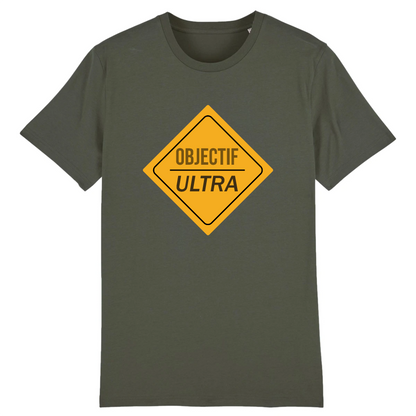 T-shirt unisexe Sortie Longue kaki, vue de face, design « Objectif Ultra » en losange jaune, référence balise de course; t-shirt outdoor pour sentier et jours sans séance.