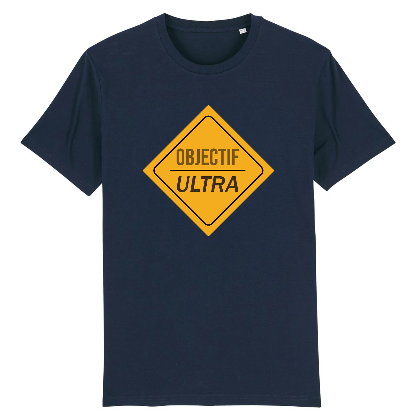 T-shirt unisexe Sortie Longue bleu marine, vue de face, impression losange jaune « Objectif Ultra », style panneau de course, t-shirt trail running pour trajets et récupération active.