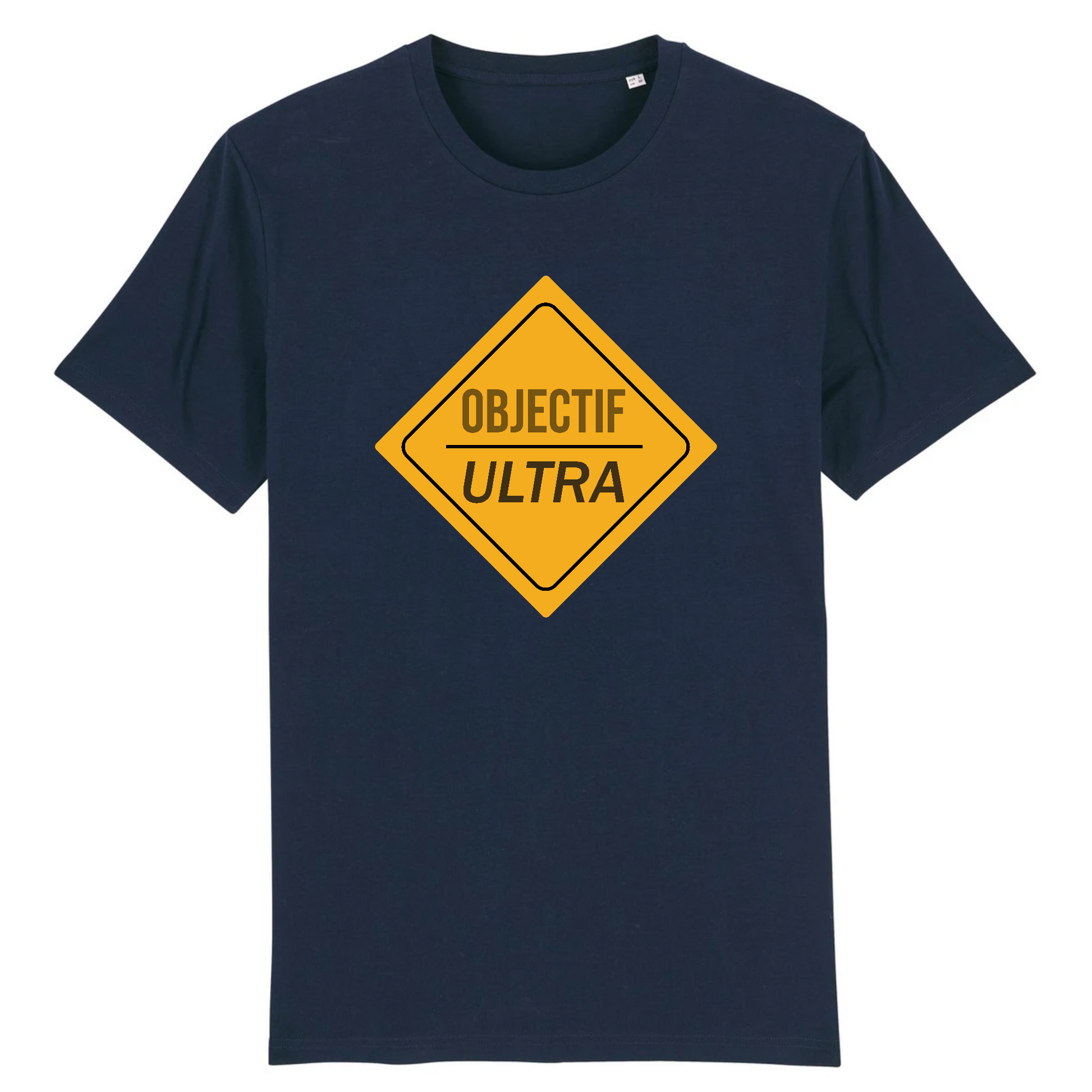 T-shirt unisexe Sortie Longue bleu marine, vue de face, impression losange jaune « Objectif Ultra », style panneau de course, t-shirt trail running pour trajets et récupération active.
