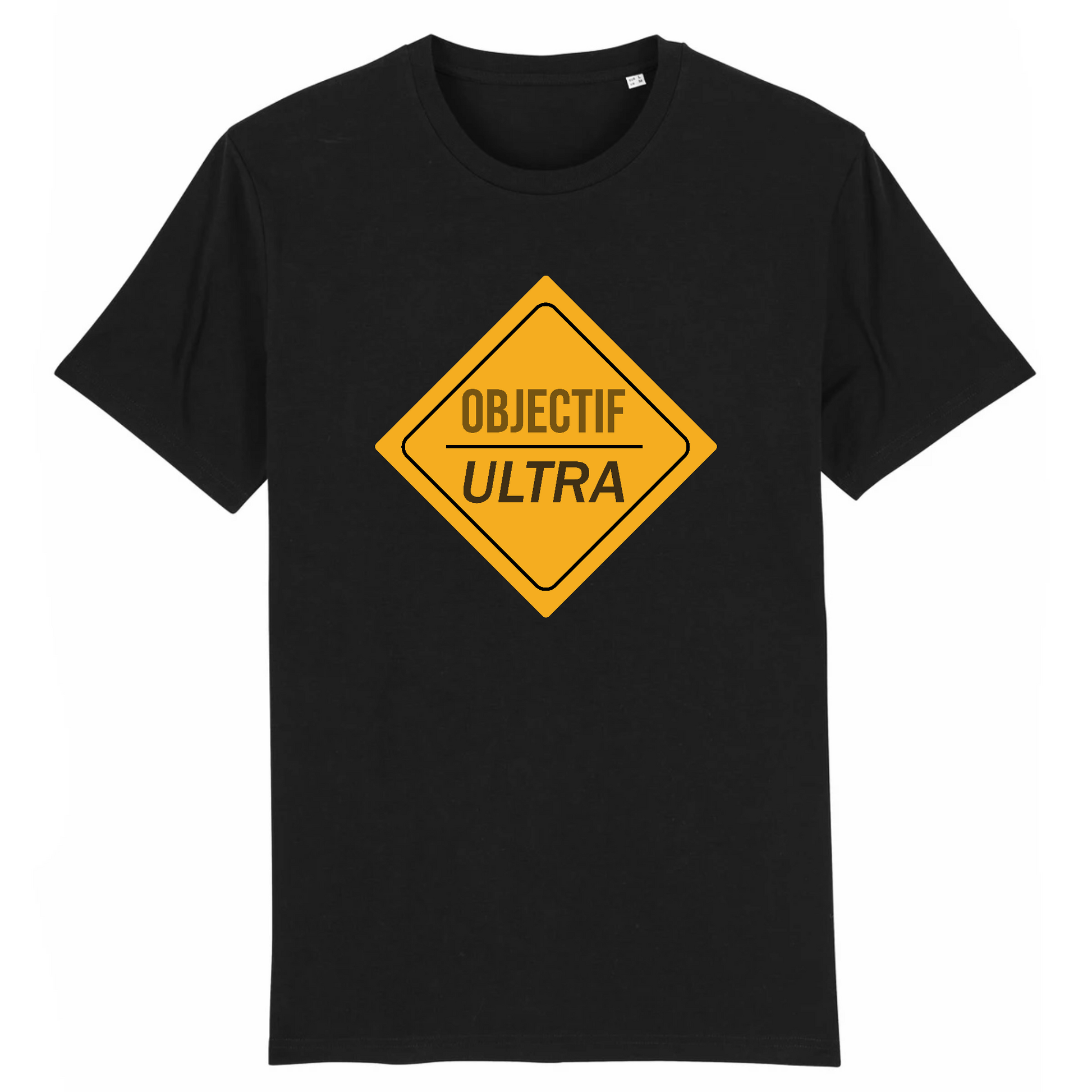 T-shirt unisexe Sortie Longue noir, vue de face, losange jaune « Objectif Ultra » imprimé, contraste fort, motif signalétique de parcours pour ultra-trail, trail running et marche.