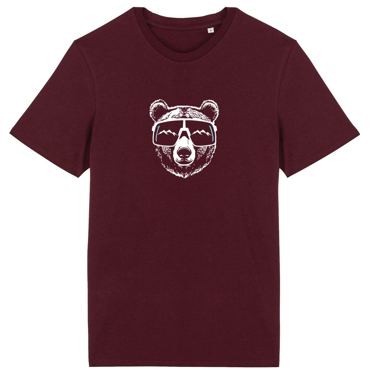 Vue de face t-shirt bordeaux, design ours sportif centré, tête d’ours et lunettes.