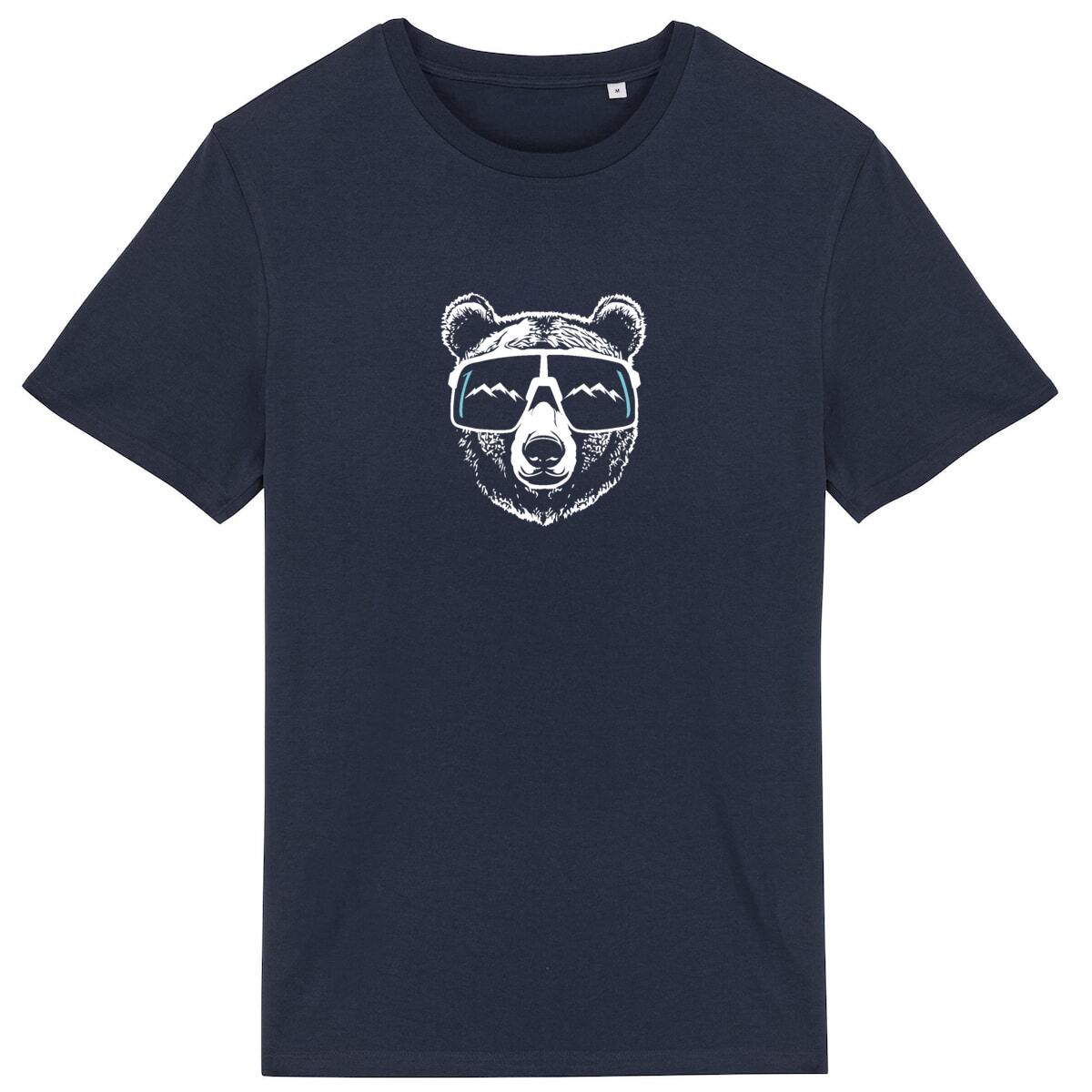 T-shirt Sortie Longue bleu marine, vue de face, t-shirt ours montagne unisexe, tête d’ours avec lunettes et reflet de montagnes; design graphique.