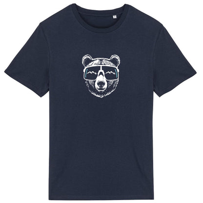 T-shirt Sortie Longue bleu marine, vue de face, t-shirt ours montagne unisexe, tête d’ours avec lunettes et reflet de montagnes; design graphique.