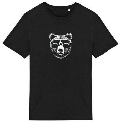 T-shirt Sortie Longue noir, vue de face, impression tête d’ours avec lunettes de sport, reflet de montagnes; pièce unisexe, motif centré.