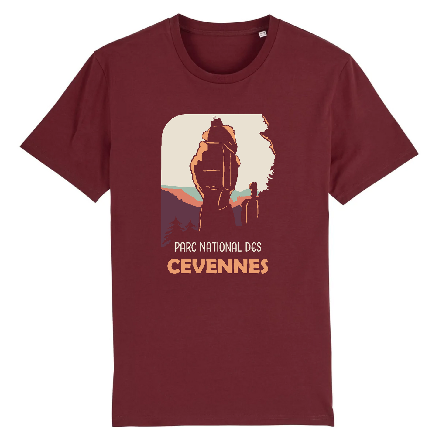 T-shirt Sortie Longue bordeaux, vue de face, design Cévennes imprimé, silhouettes minérales, secteur du Rozier en Lozère; tenue outdoor sobre pour sentier et jours dehors.