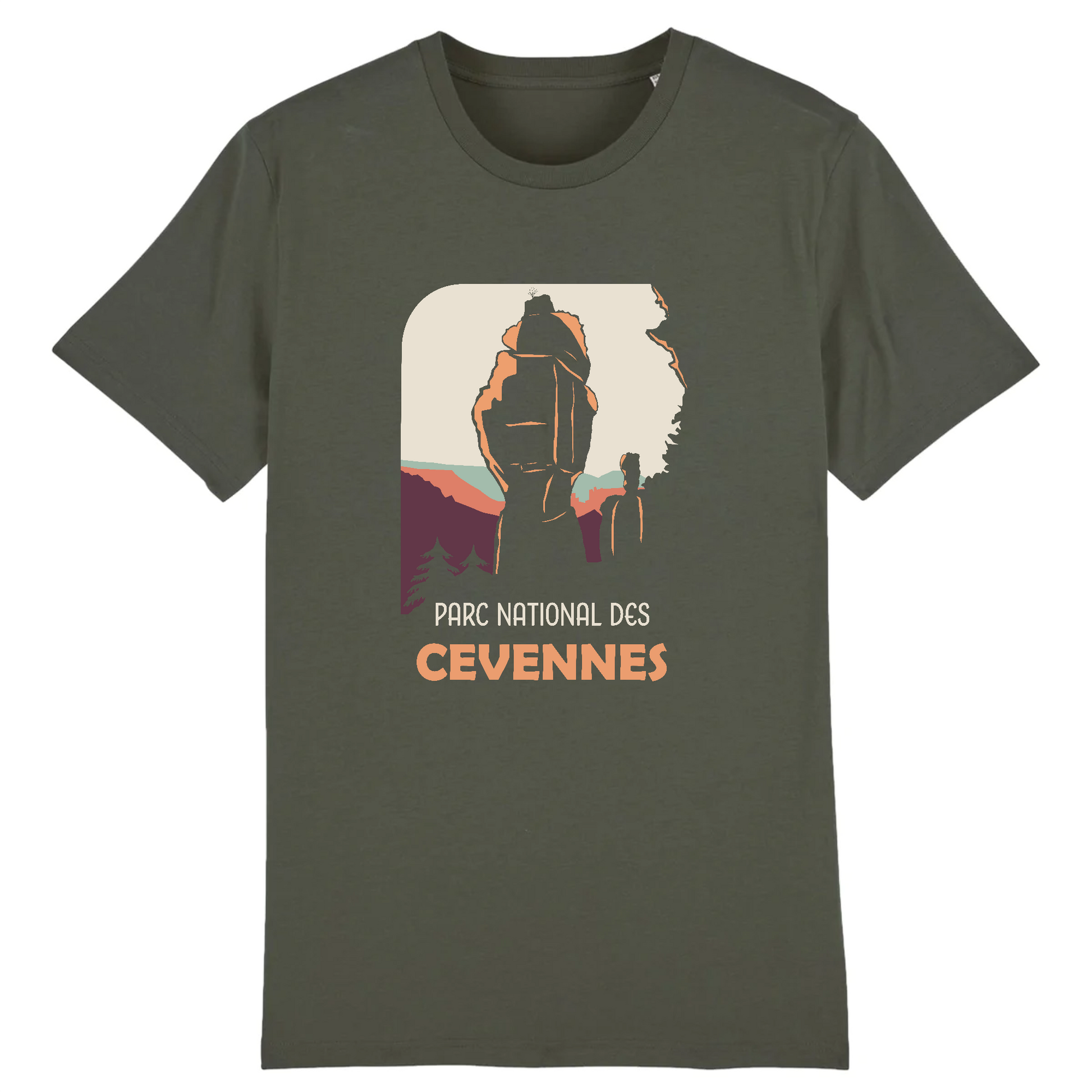 Vue de face t-shirt kaki, motif Cévennes centré, roches et gorges stylisées.