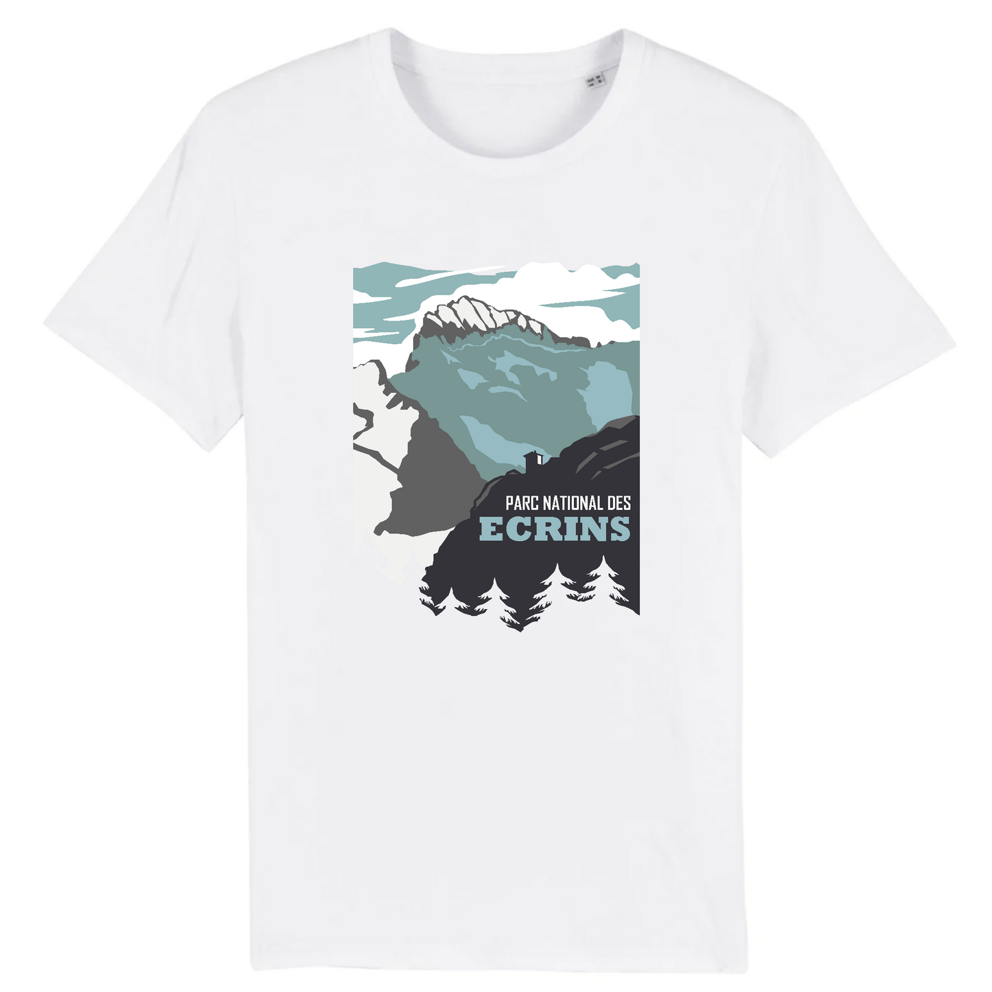 T-shirt Sortie Longue blanc, vue de face, impression Parc national des Écrins centrée, refuge et Glacier Blanc, style affiche; vêtement pour randonnée et marche en montagne.