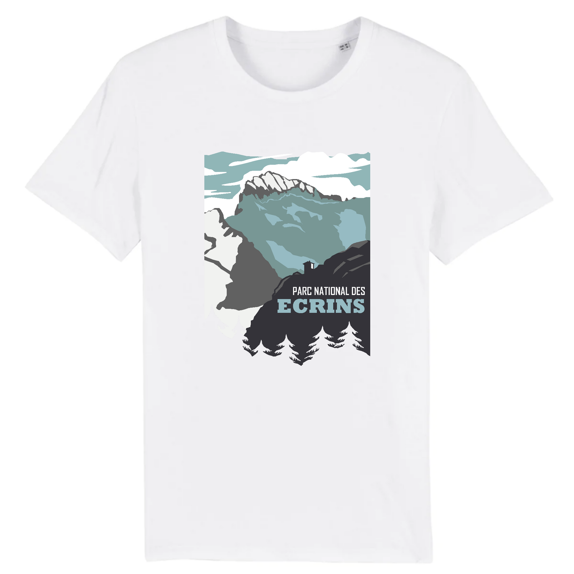 T-shirt Sortie Longue blanc, vue de face, impression Parc national des Écrins centrée, refuge et Glacier Blanc, style affiche; vêtement pour randonnée et marche en montagne.