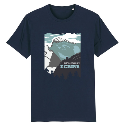 T-shirt Sortie Longue bleu marine, vue de face, motif Parc national des Écrins, refuge, Barre et Glacier Blanc; tenue pour randonnée, trail et déplacements.