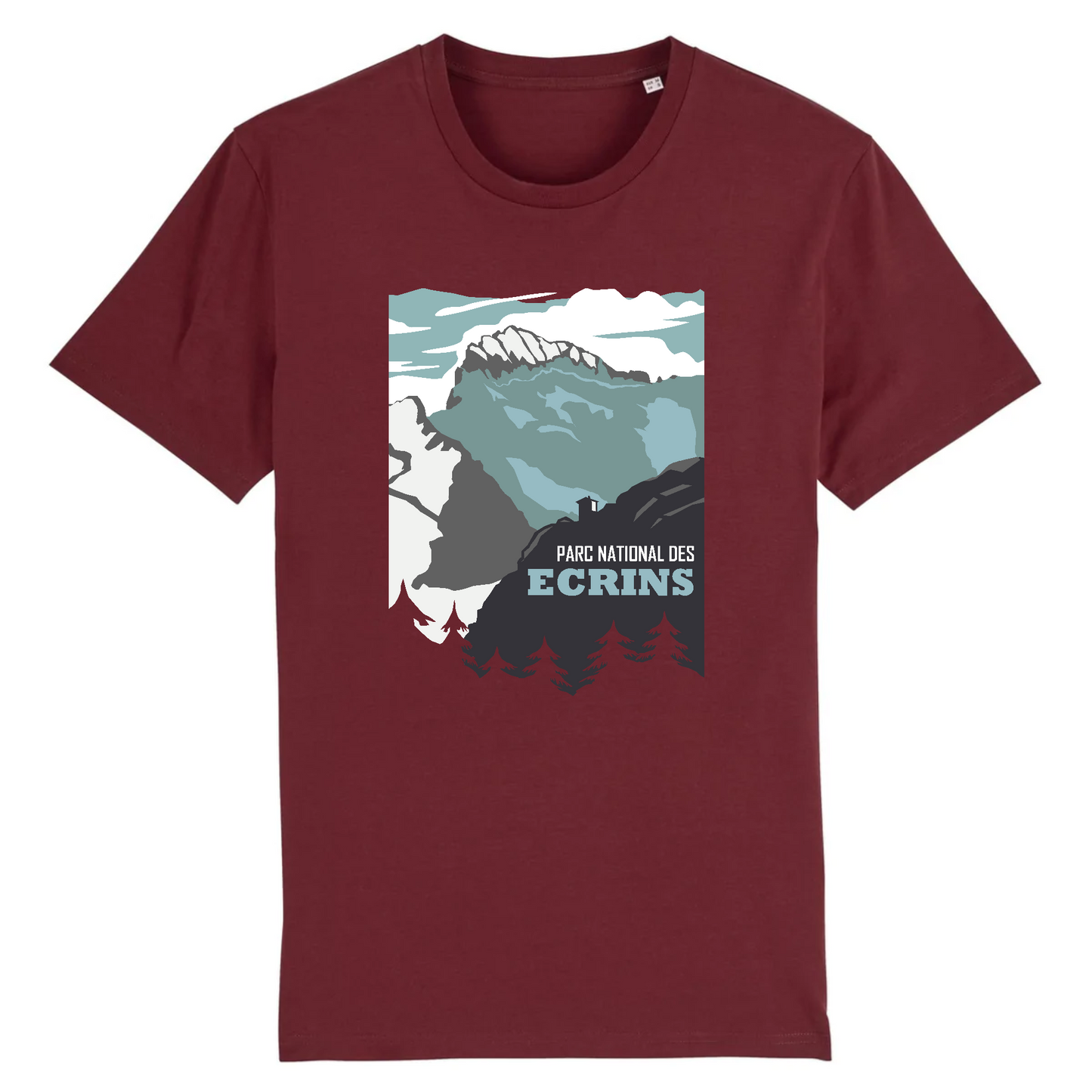 Vue de face t-shirt bordeaux, visuel Barre et Glacier Blanc en style affiche, relief en plans.