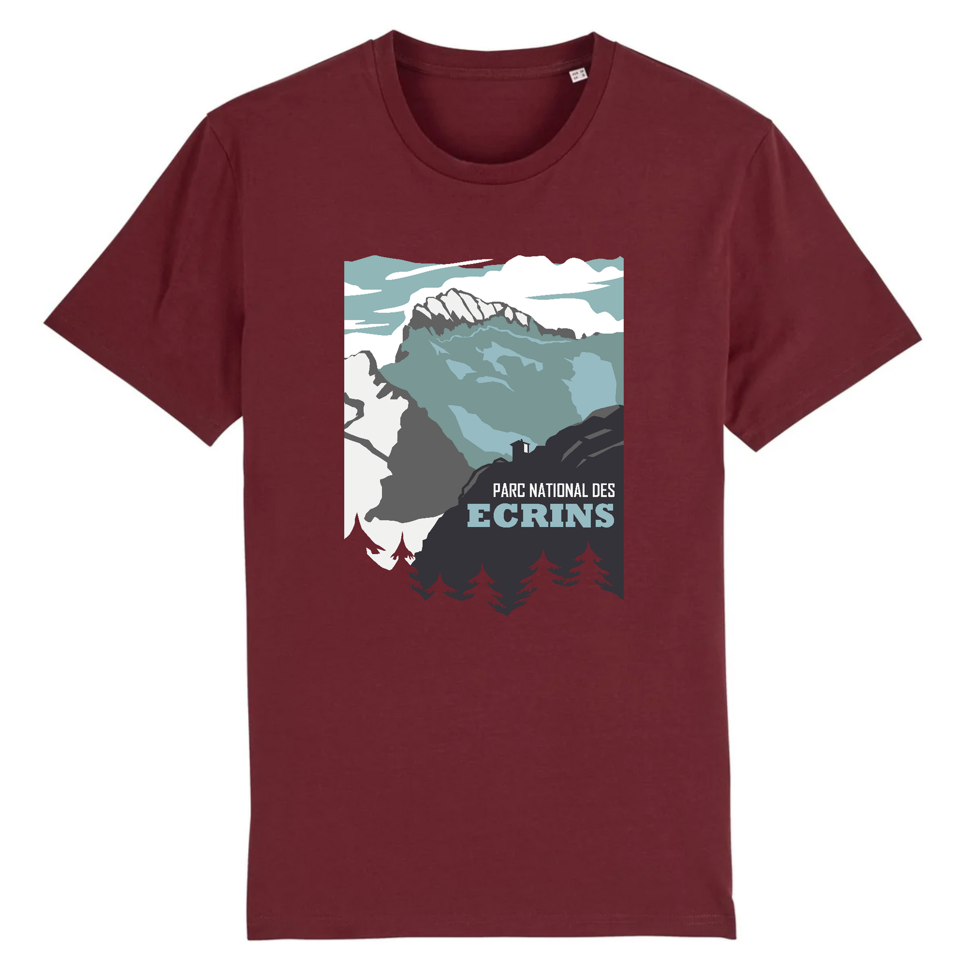 Vue de face t-shirt bordeaux, visuel Barre et Glacier Blanc en style affiche, relief en plans.