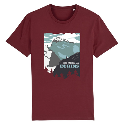 Vue de face t-shirt bordeaux, visuel Barre et Glacier Blanc en style affiche, relief en plans.
