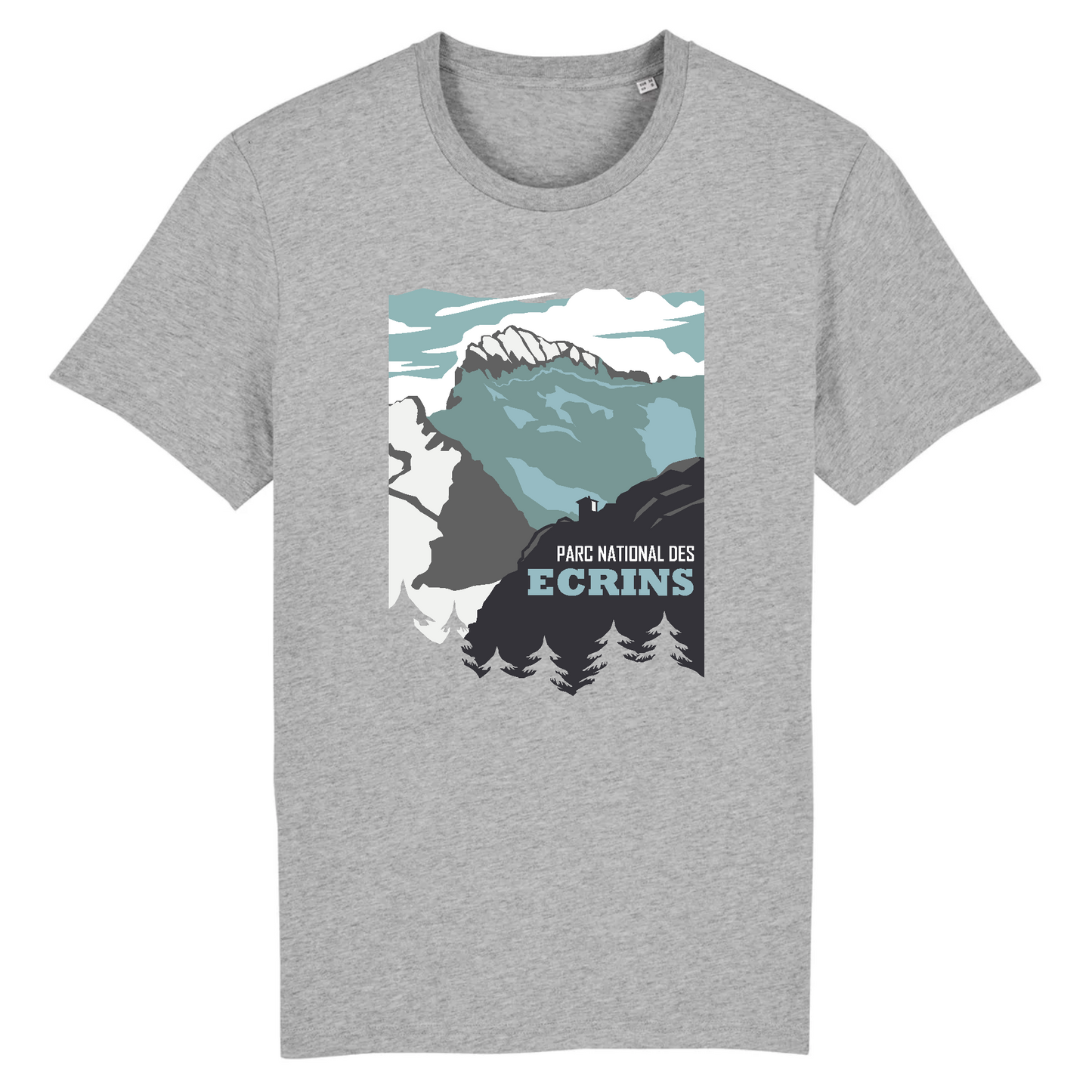 Vue de face t-shirt gris chiné, design Parc national des Écrins centré, relief et glacier.