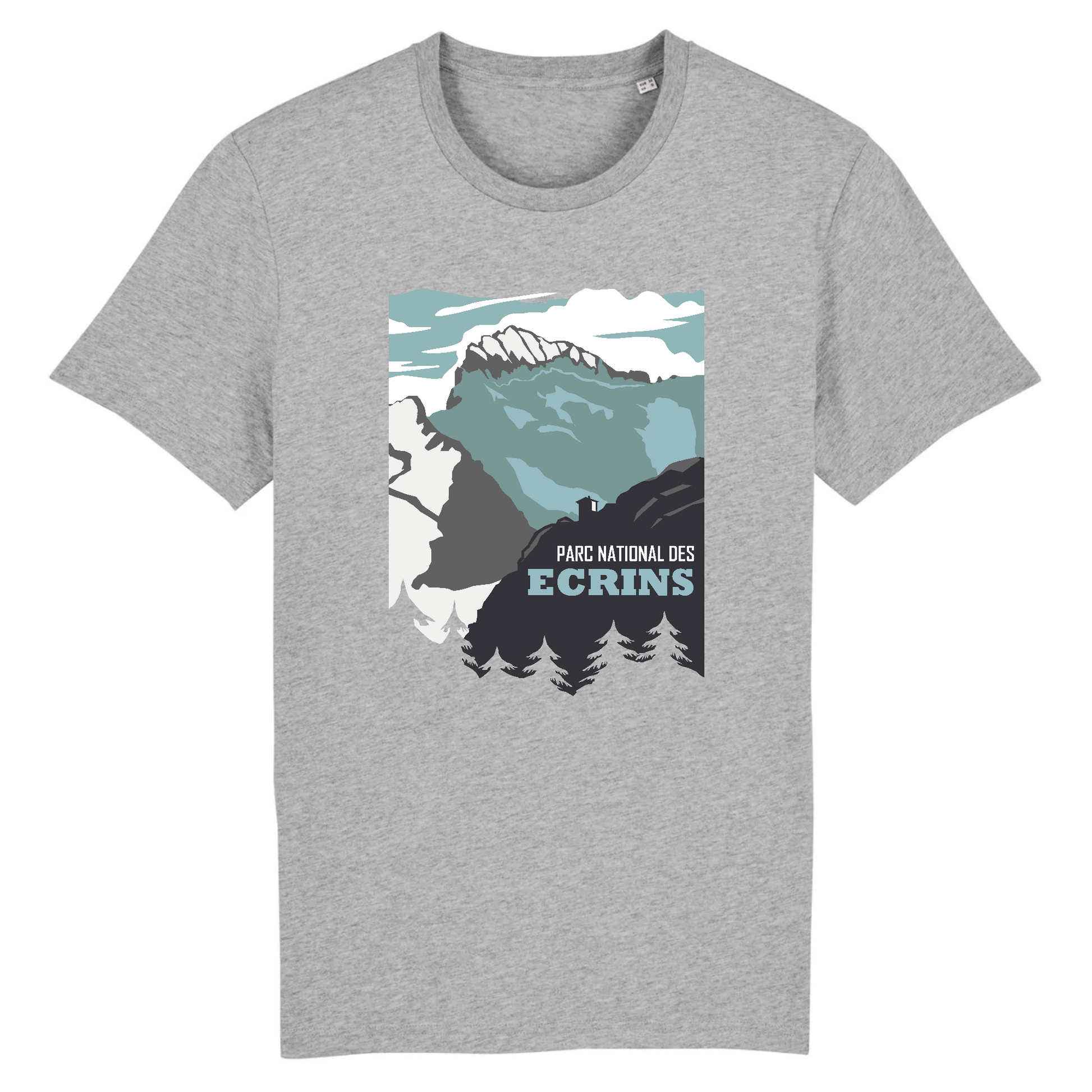 Vue de face t-shirt gris chiné, design Parc national des Écrins centré, relief et glacier.