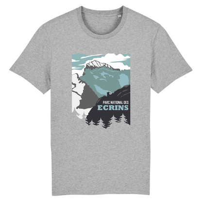 Vue de face t-shirt gris chiné, design Parc national des Écrins centré, relief et glacier.