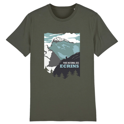 T-shirt Sortie Longue vert kaki, vue de face, design Parc national des Écrins imprimé, Barre et Glacier Blanc, contraste net; t-shirt pour trek, marche et déplacements.