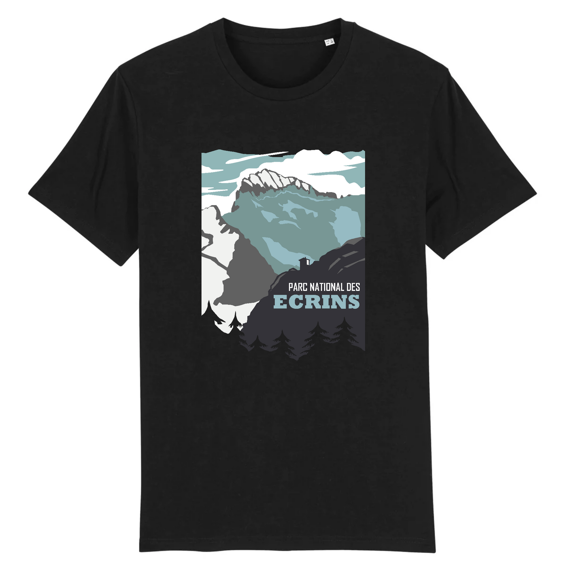 Vue de face t-shirt noir, motif massif des Écrins centré, relief et glacier stylisés.