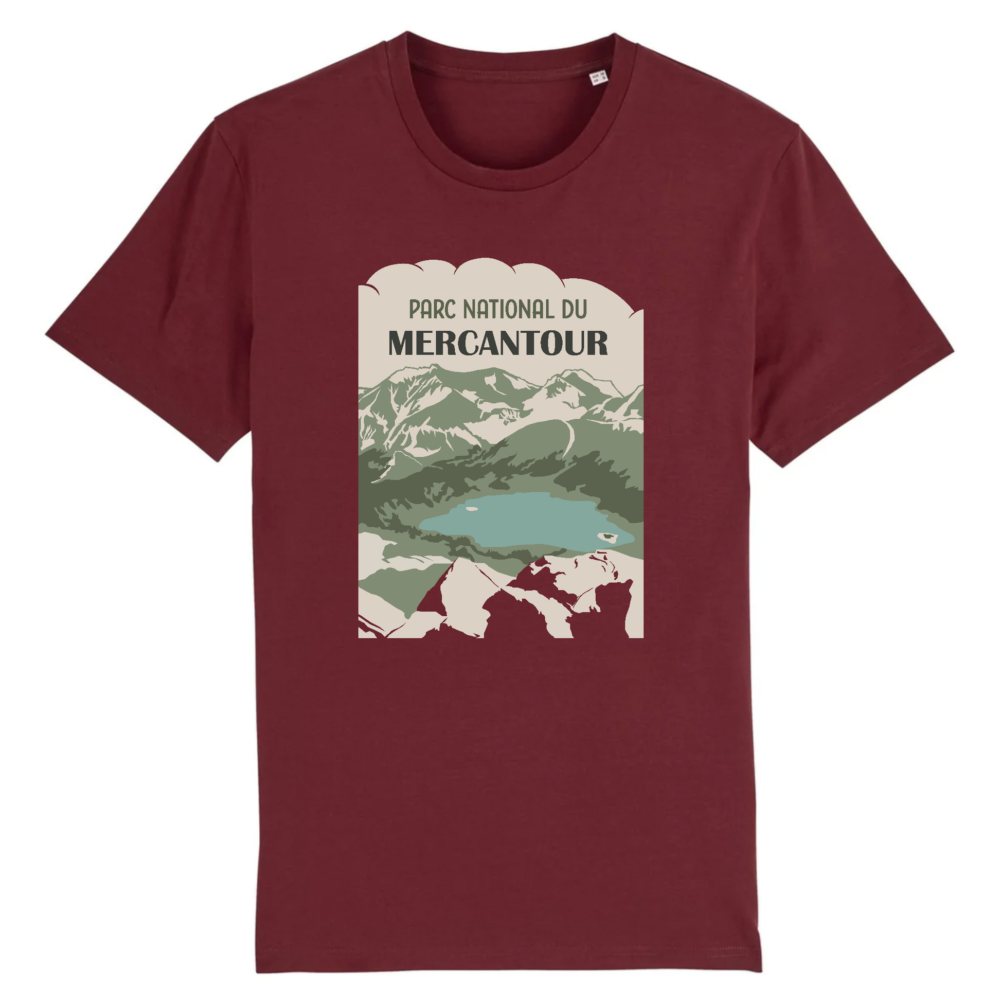 T-shirt Sortie Longue bordeaux, vue de face, design Mercantour imprimé, bassin du Lac d’Allos et relief; tenue outdoor sobre pour marche, sentier et jours dehors.