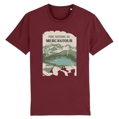T-shirt Sortie Longue bordeaux, vue de face, design Mercantour imprimé, bassin du Lac d’Allos et relief; tenue outdoor sobre pour marche, sentier et jours dehors.