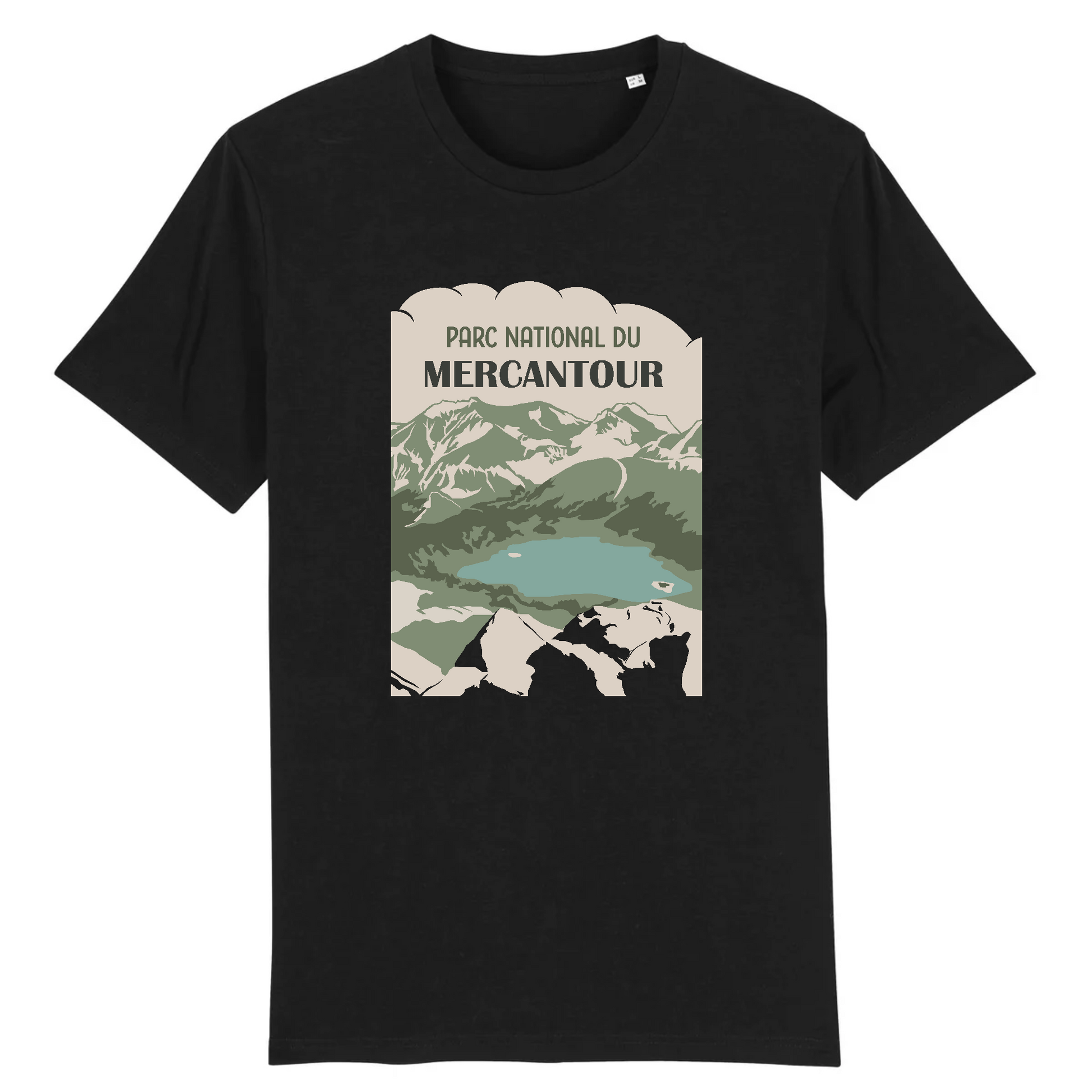 T-shirt Sortie Longue noir, vue de face, impression Mercantour centrée, Lac d’Allos et relief du Pelat; t-shirt pour déplacements, marche et randonnée.