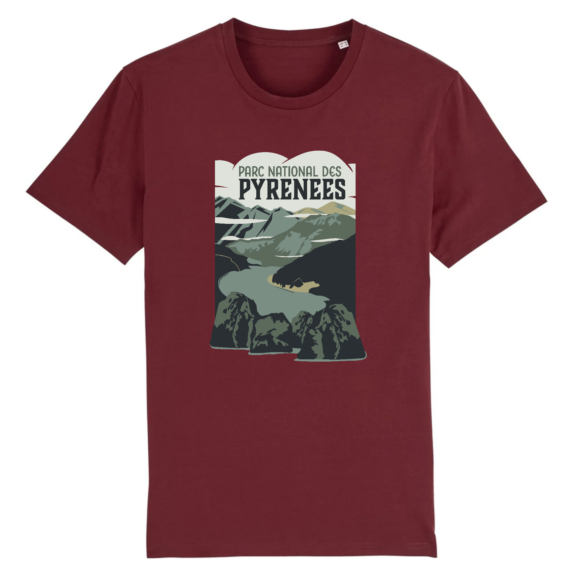 T-shirt Sortie Longue bordeaux, vue de face sur fond clair, visuel Néouvielle imprimé, lac et sommets des Pyrénées; tenue sobre pour sentier, trek et jours dehors.
