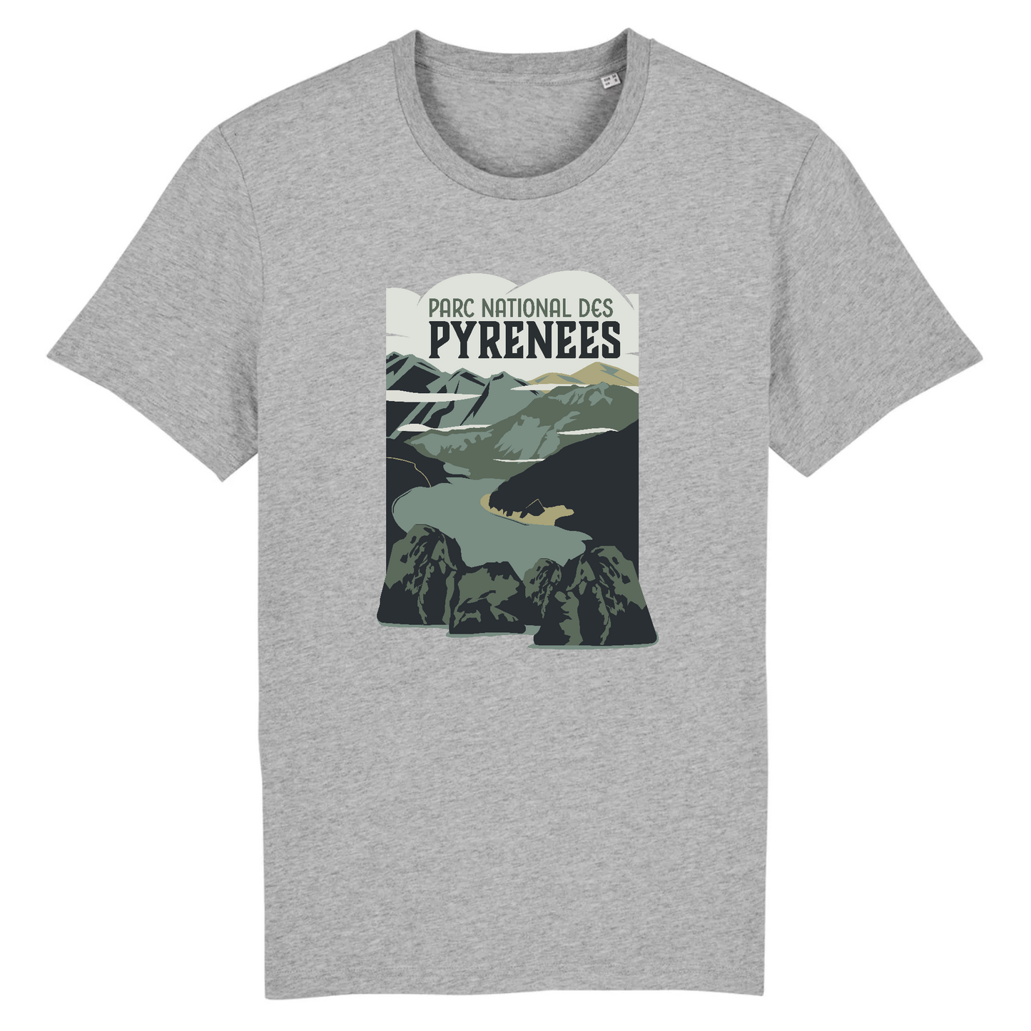T-shirt Sortie Longue gris chiné, vue de face, motif Parc national des Pyrénées depuis Néouvielle, lac d’Aubert et relief; t-shirt unisexe pour randonnée, marche et trajets.