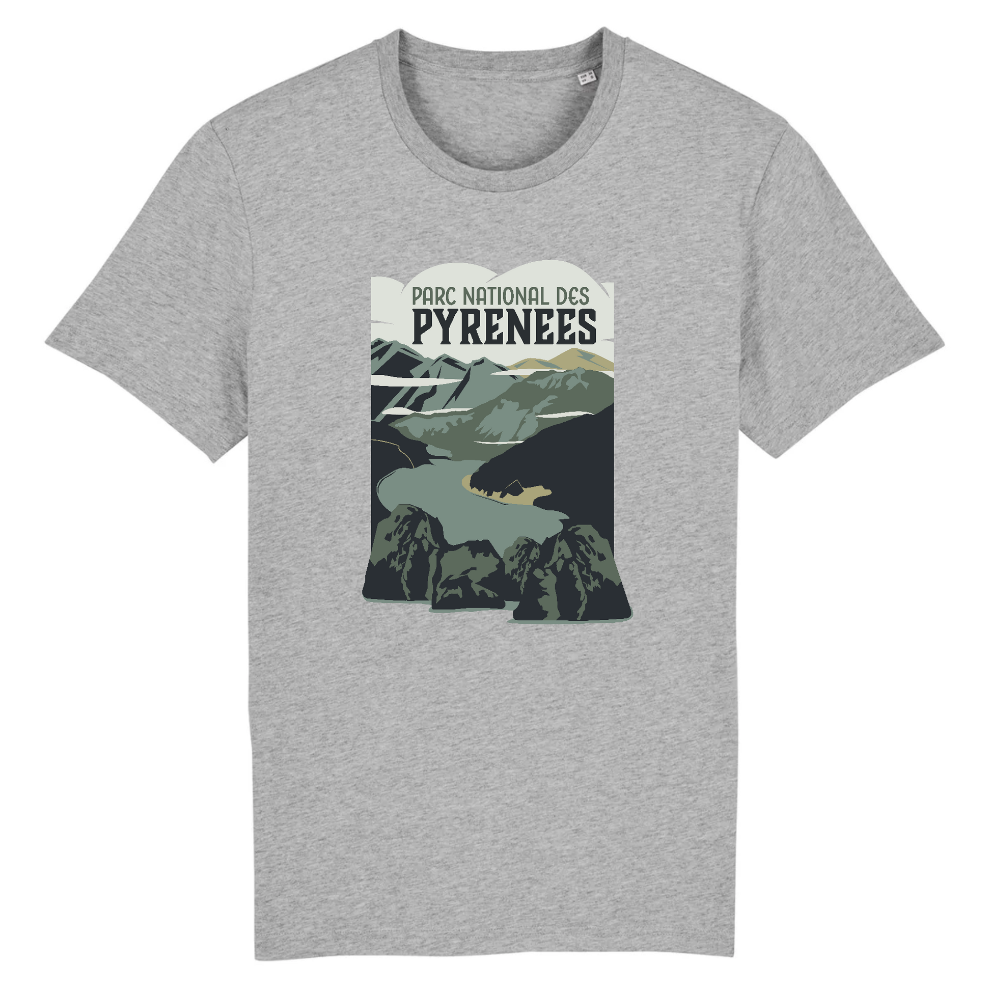 T-shirt Sortie Longue gris chiné, vue de face, motif Parc national des Pyrénées depuis Néouvielle, lac d’Aubert et relief; t-shirt unisexe pour randonnée, marche et trajets.