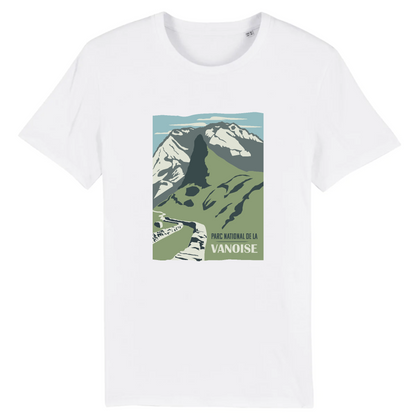 T-shirt Sortie Longue blanc, vue de face, impression Parc national de la Vanoise centrée, point de vue Vallon de la Glière; t-shirt pour randonnée et déplacements.
