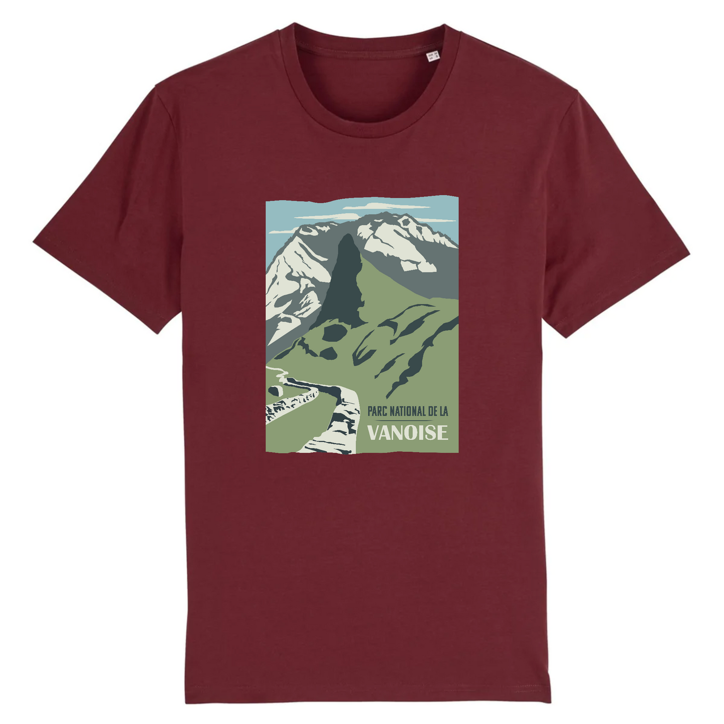 Vue de face t-shirt bordeaux, visuel Vanoise centré, vallon et montagne en style affiche.