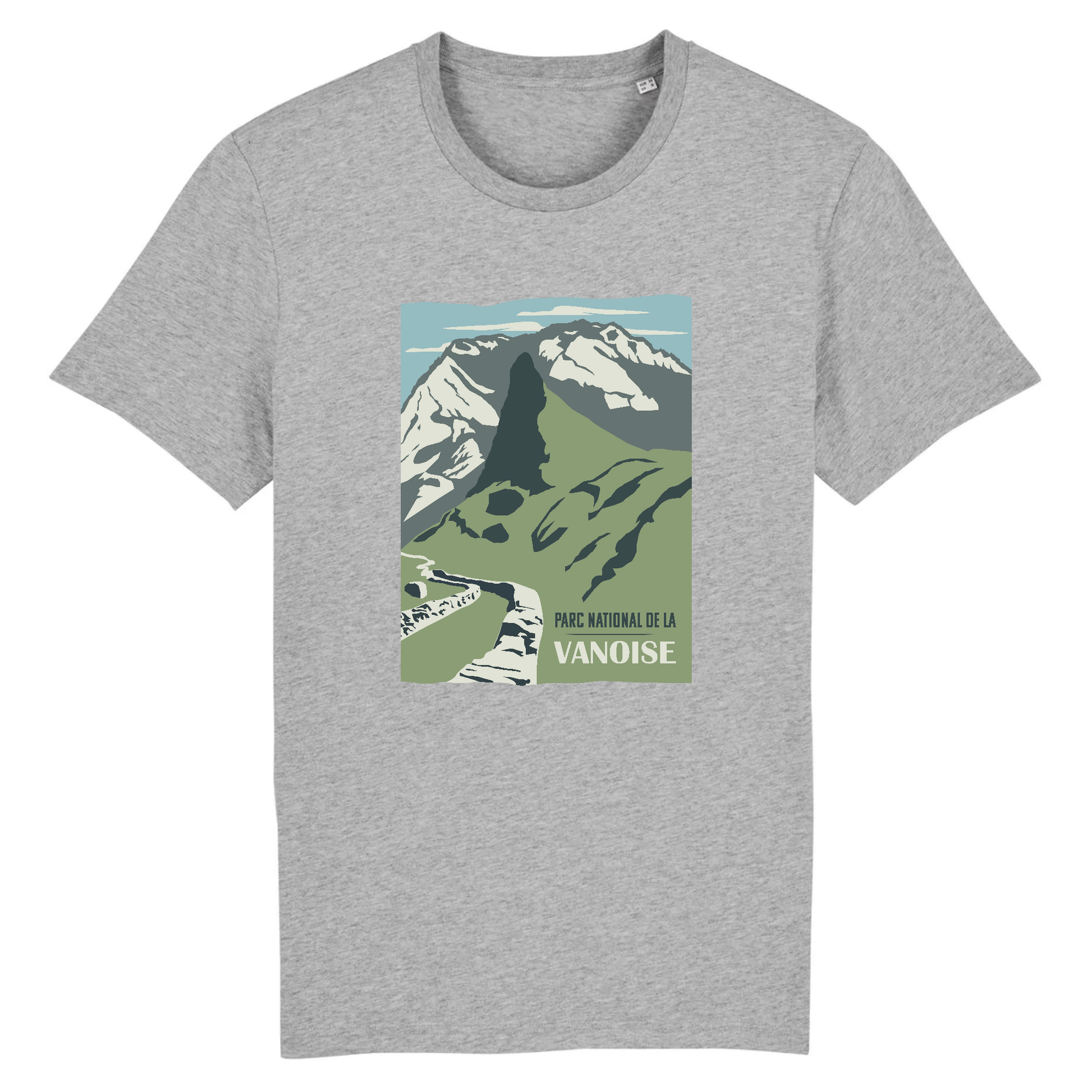 Vue de face t-shirt gris chiné, design Parc national de la Vanoise centré, relief et vallon.