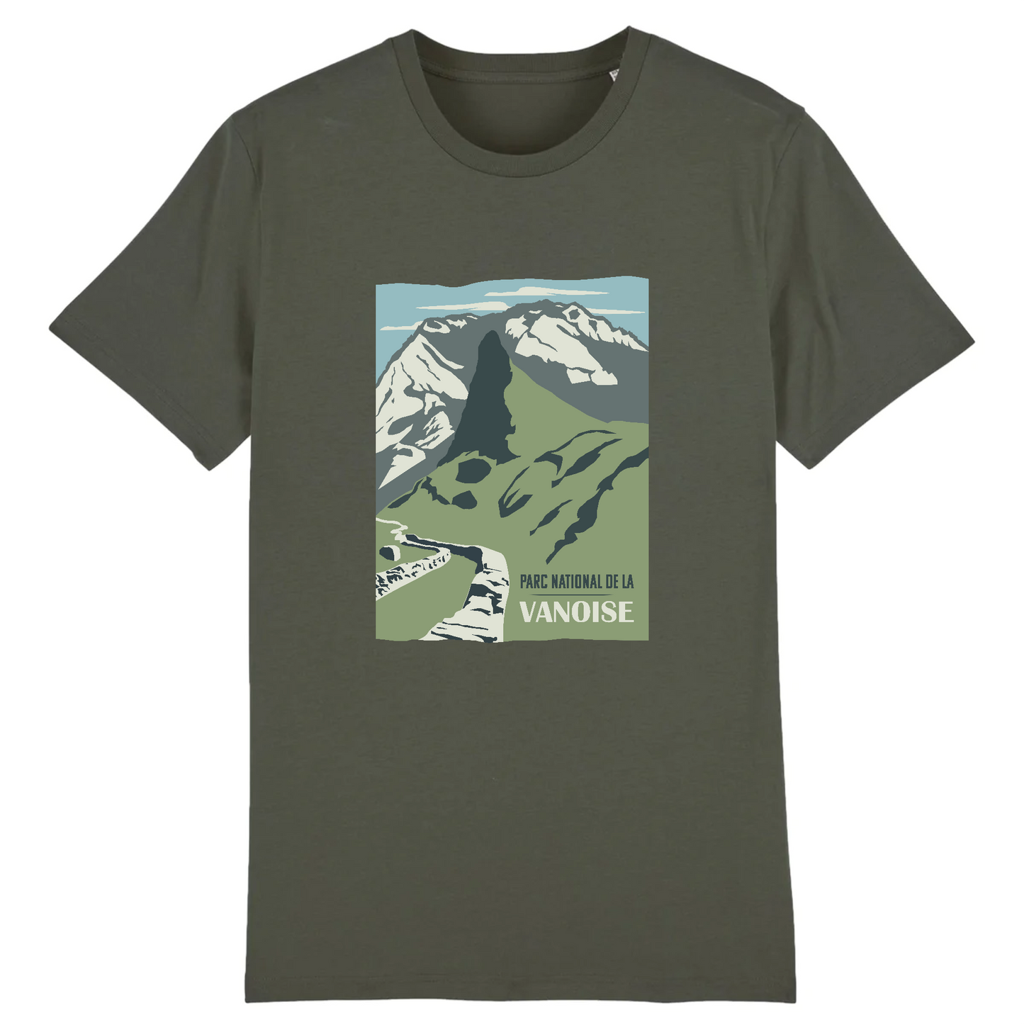T-shirt Sortie Longue vert kaki, vue de face, design Vanoise imprimé, relief en plans et sommets; tenue outdoor pour marche, sentier et jours sans séance.