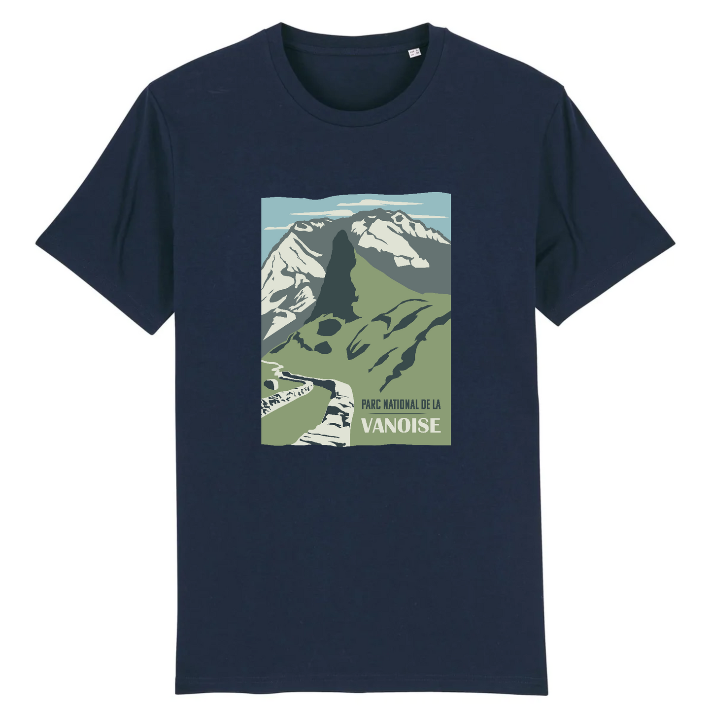 T-shirt Sortie Longue bleu marine, vue de face, motif Parc national de la Vanoise, Vallon de la Glière et grands sommets; tenue pour marche, randonnée et trajets.