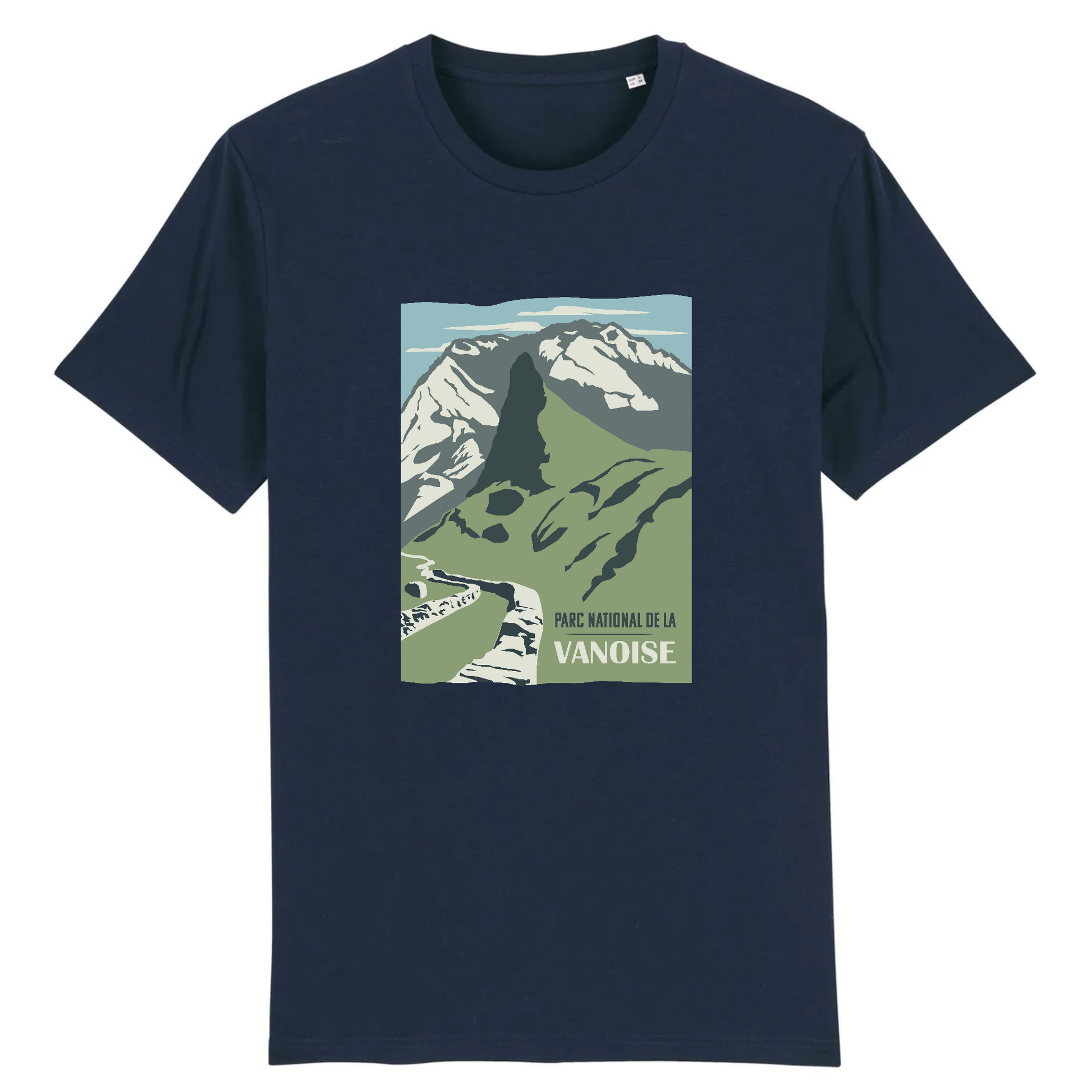 T-shirt Sortie Longue bleu marine, vue de face, motif Parc national de la Vanoise, Vallon de la Glière et grands sommets; tenue pour marche, randonnée et trajets.