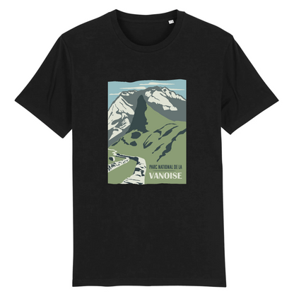 Vue de face t-shirt noir, motif Vanoise centré, vallon et sommets stylisés.