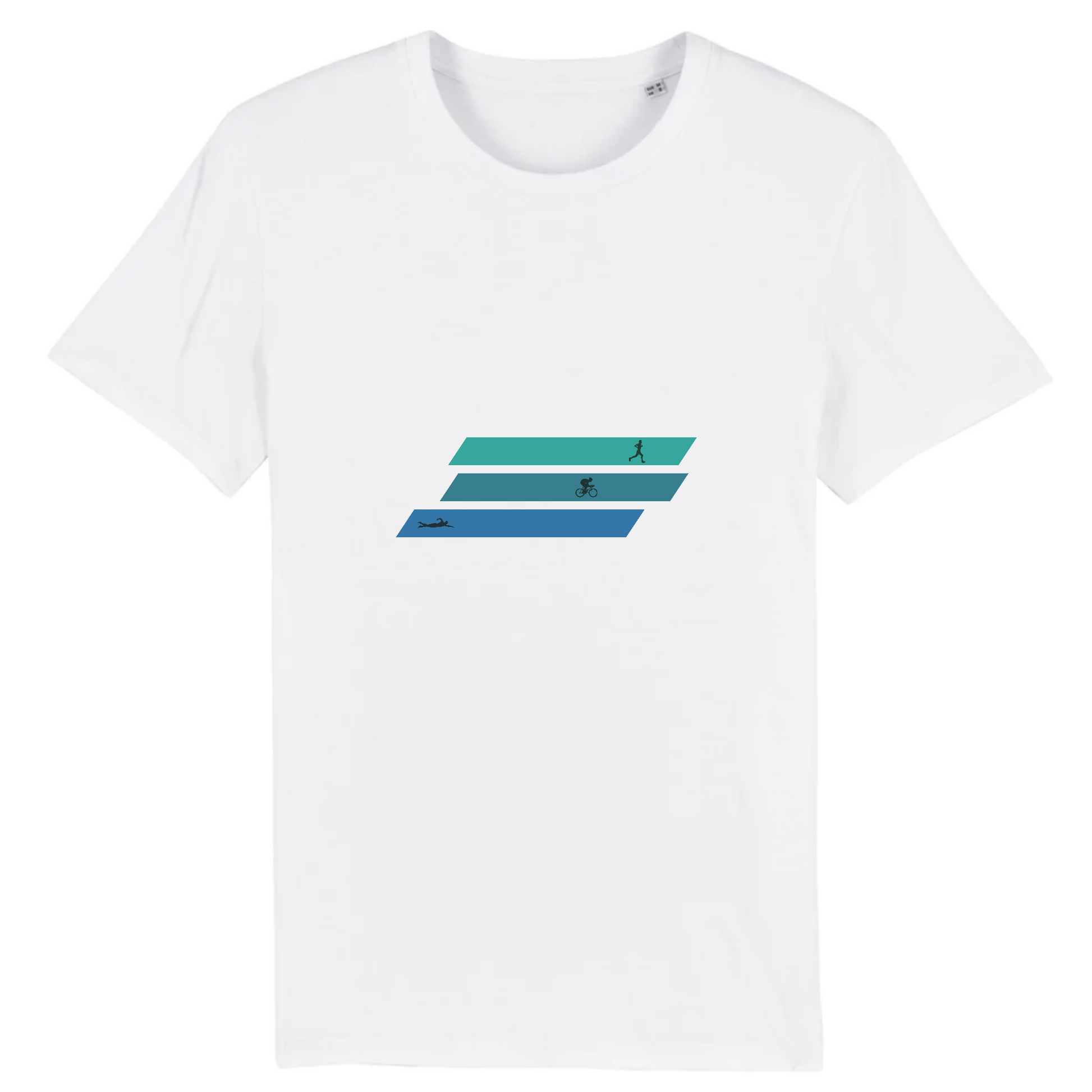 Vue de face t-shirt blanc, design triathlon en trois bandes bleues, pictogrammes natation vélo course.