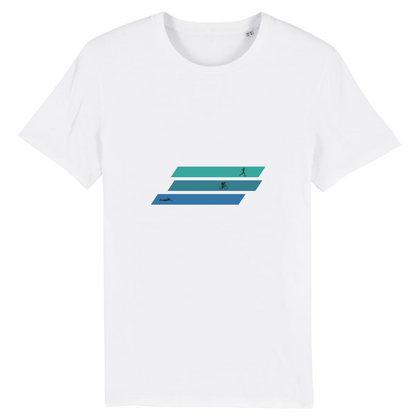 Vue de face t-shirt blanc, design triathlon en trois bandes bleues, pictogrammes natation vélo course.