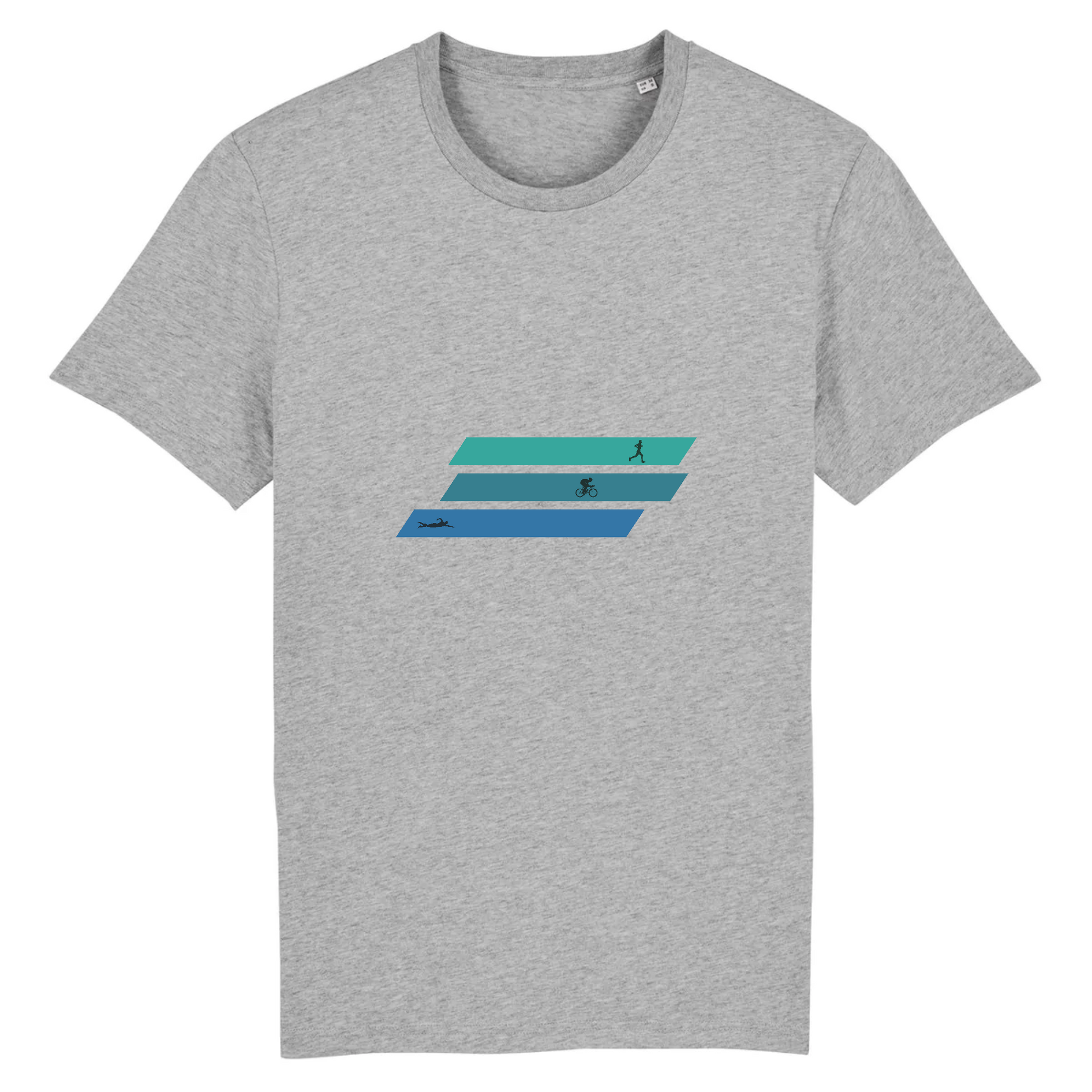 Vue de face t-shirt gris chiné, design triathlon minimal en trois bandes, pictogrammes.
